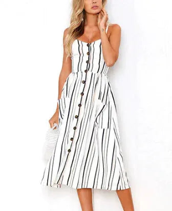 BeAvant Casual striped linen cotton dress women Button strap beach summer dress 2019 Sexy backless midi ladies dresses vestidos - CEW Store