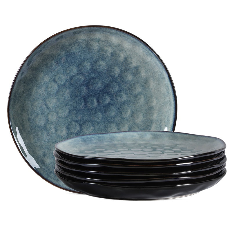 11 Inch Ceramic Plate Kiln Blue Noble  Elegant Hammered Pattern 6-piece Set  For Parties, Family Dinners