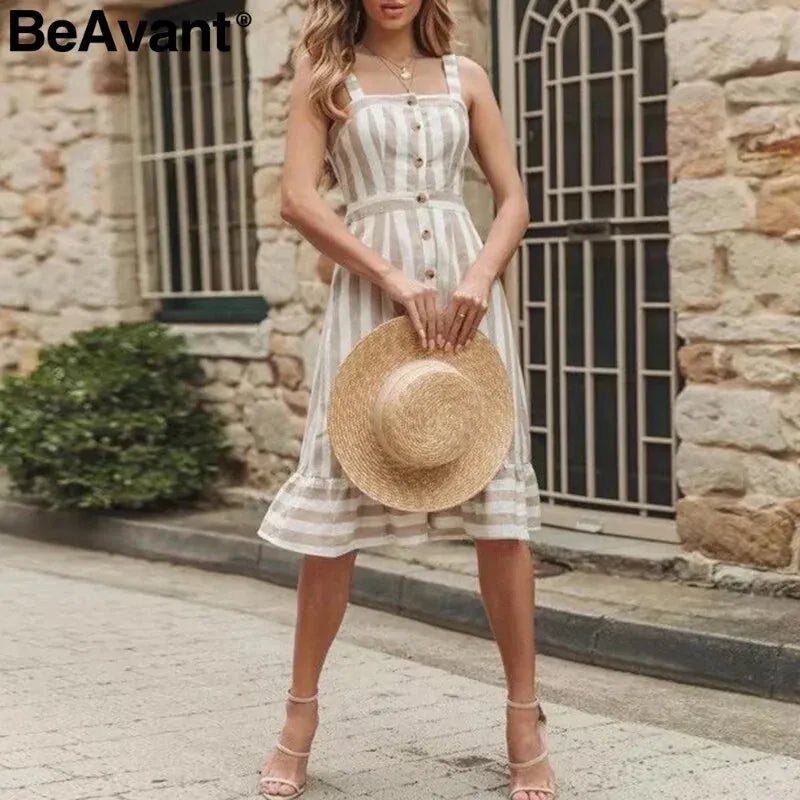 BeAvant Casual striped linen cotton dress women Button strap beach summer dress 2019 Sexy backless midi ladies dresses vestidos - CEW Store