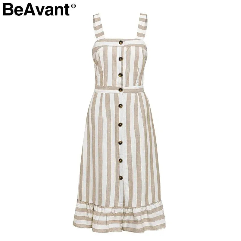 BeAvant Casual striped linen cotton dress women Button strap beach summer dress 2019 Sexy backless midi ladies dresses vestidos - CEW Store