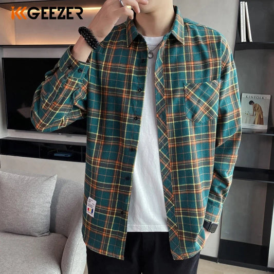 Men Flannel Plaid Shirt Long Sleeve Loose Hip Hop
