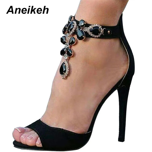 Aneikeh Black Crystal Women Embellished Suede Leather High Heel