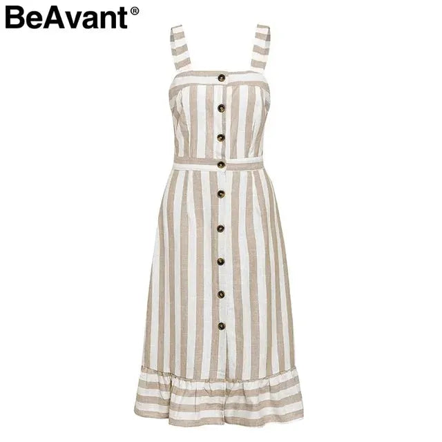 BeAvant Casual striped linen cotton dress women Button strap beach summer dress 2019 Sexy backless midi ladies dresses vestidos - CEW Store