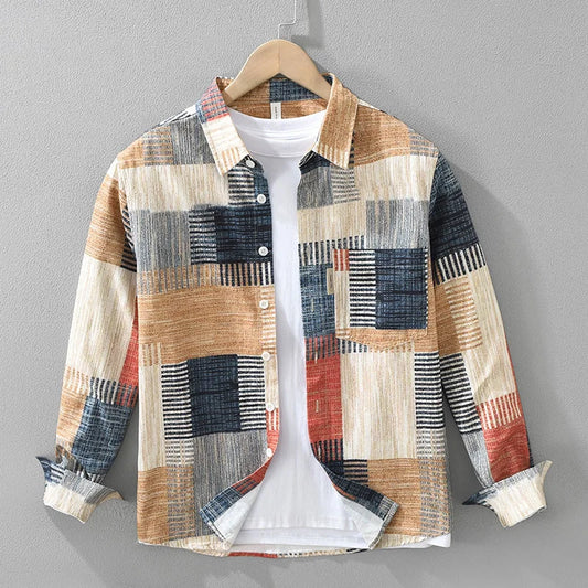 Japanese Fashion Check Printed 100% Cotton Men Long Sleeve Shirt