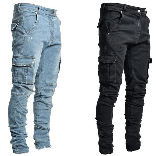 Men Black Cargo Pants Multi Pockets Jeans