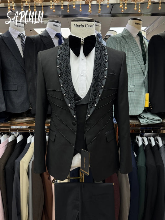 Charming Black Beaded Luxurious Men's Suit