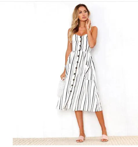 BeAvant Casual striped linen cotton dress women Button strap beach summer dress 2019 Sexy backless midi ladies dresses vestidos - CEW Store