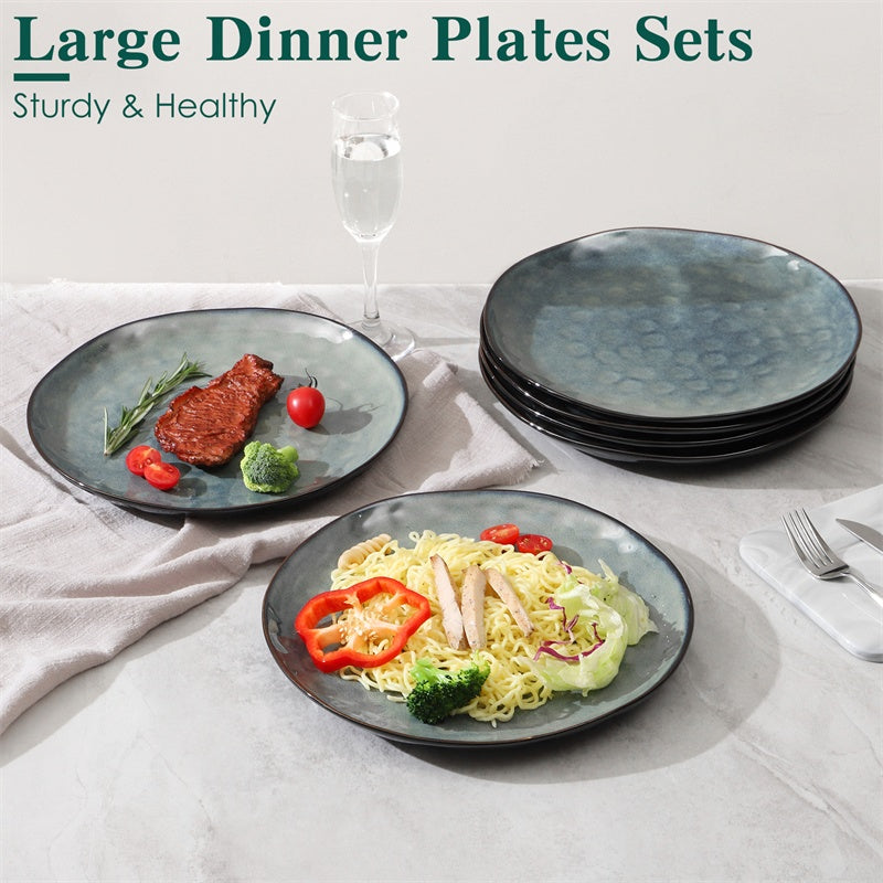 11 Inch Ceramic Plate Kiln Blue Noble  Elegant Hammered Pattern 6-piece Set  For Parties, Family Dinners