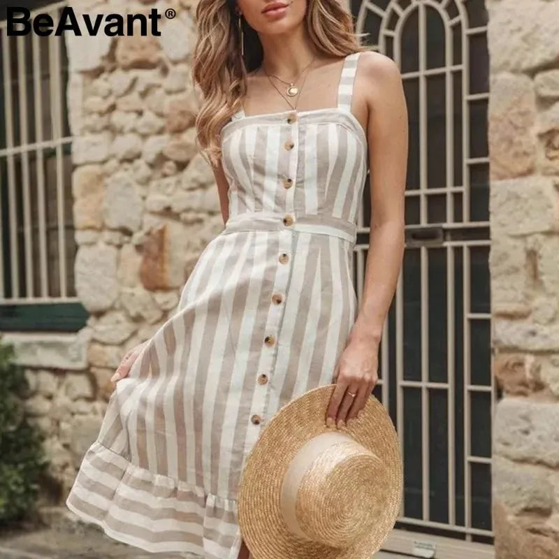 BeAvant Casual striped linen cotton dress women Button strap beach summer dress 2019 Sexy backless midi ladies dresses vestidos - CEW Store