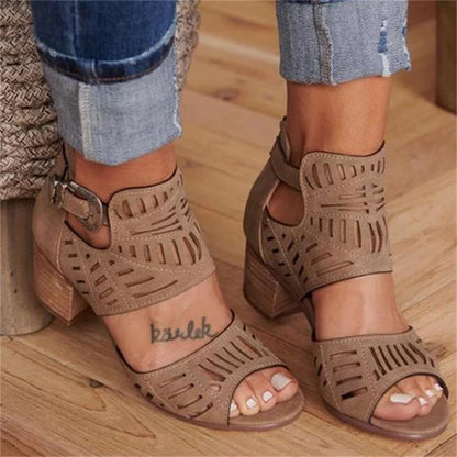 Cutout carved block heel sandals