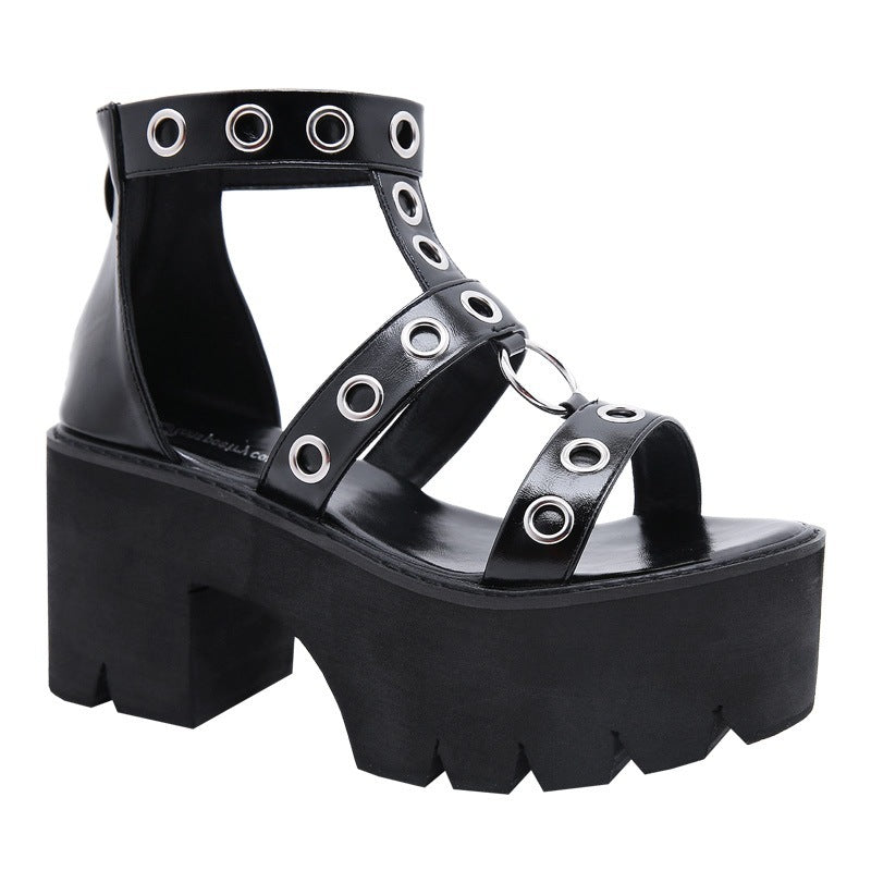 Metal Ring Hollow High-heel Chunky Sandals