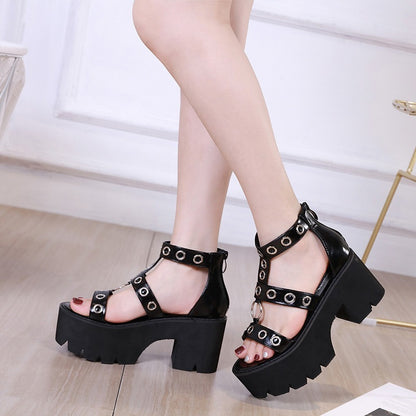 Metal Ring Hollow High-heel Chunky Sandals