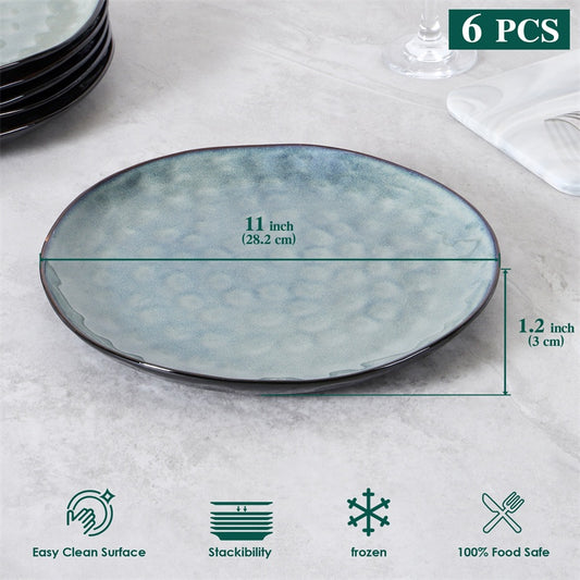 11 Inch Ceramic Plate Kiln Blue Noble  Elegant Hammered Pattern 6-piece Set  For Parties, Family Dinners