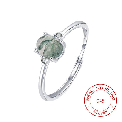 S925 Silver Green Moss Ring Water Plants Agate Female Finger Ring