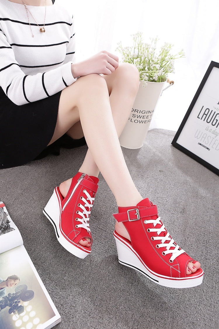 High-top canvas female fish mouth sandals