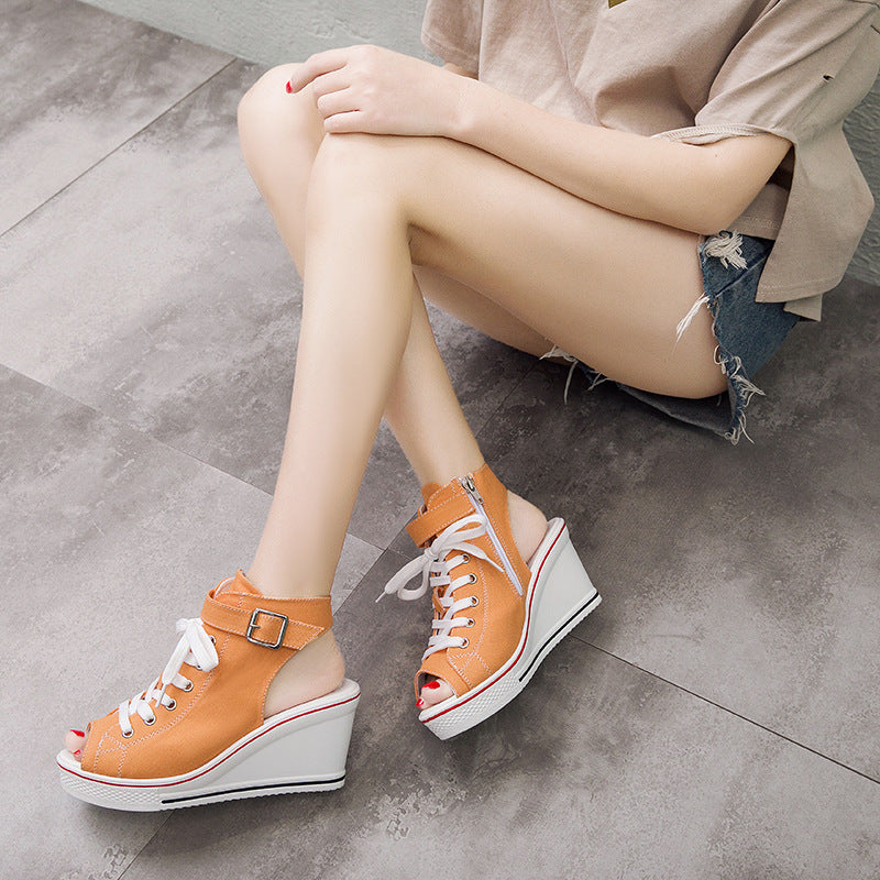 High-top canvas female fish mouth sandals