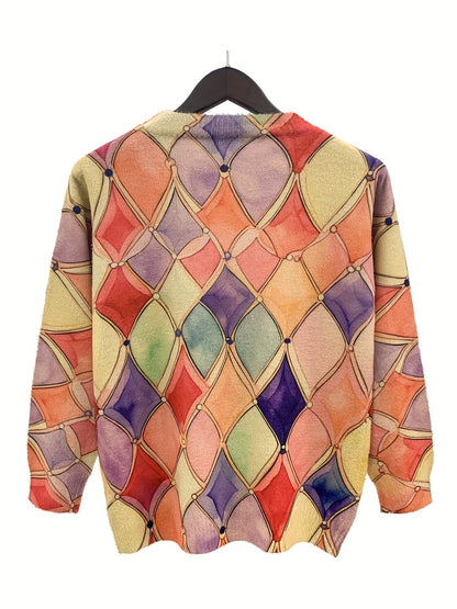 Women's Rhombus Prints V-neck Long-sleeved Sweater