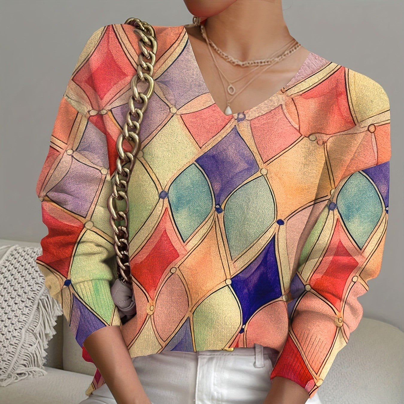 Women's Rhombus Prints V-neck Long-sleeved Sweater