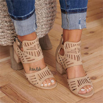 Cutout carved block heel sandals