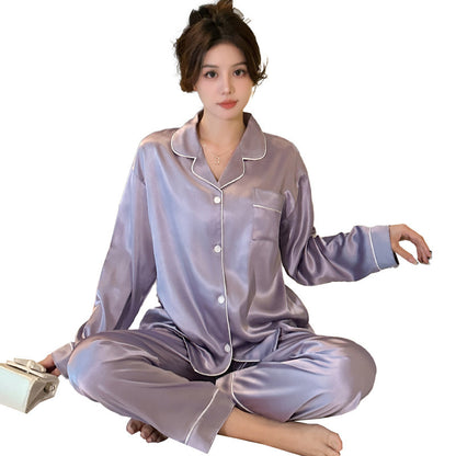 Elegant Slimming Ice Silk Draping Women's Pajamas Long-sleeved Trousers Can Be Worn Outside Casual Two-piece Suit