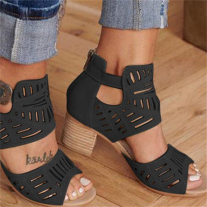 Cutout carved block heel sandals