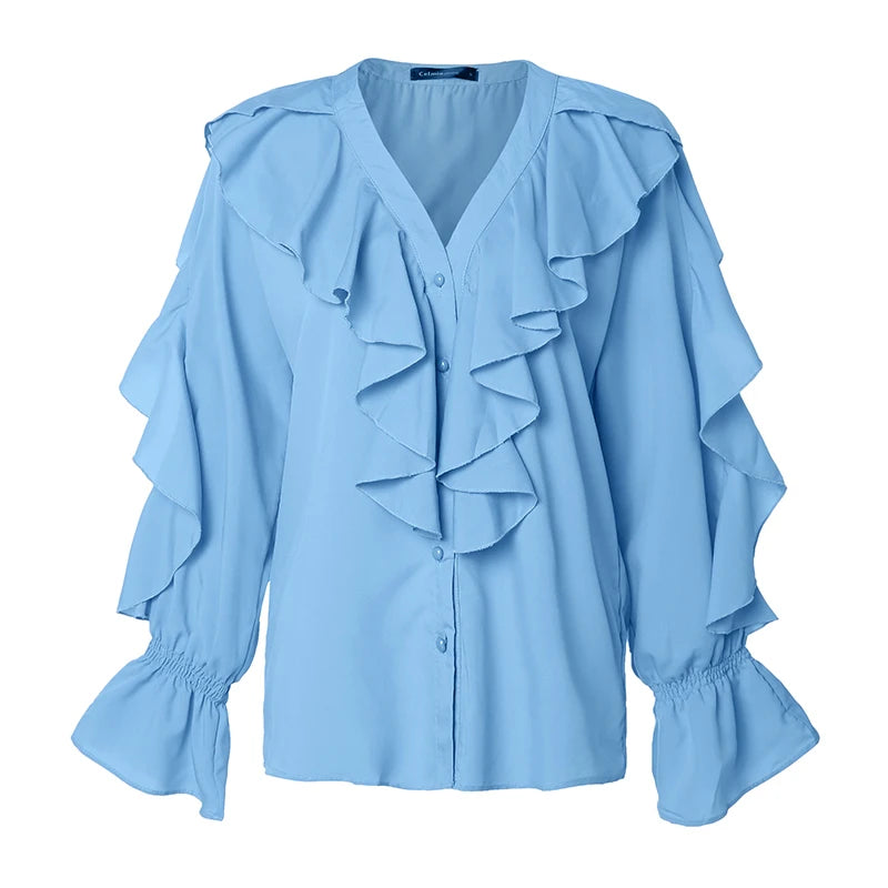 Celmia Casual Women Ruffled Blouses Fashion 2023 Summer Tops Sexy V neck Long Sleeve Shirt Elegant Buttons Sweet Party Blusas