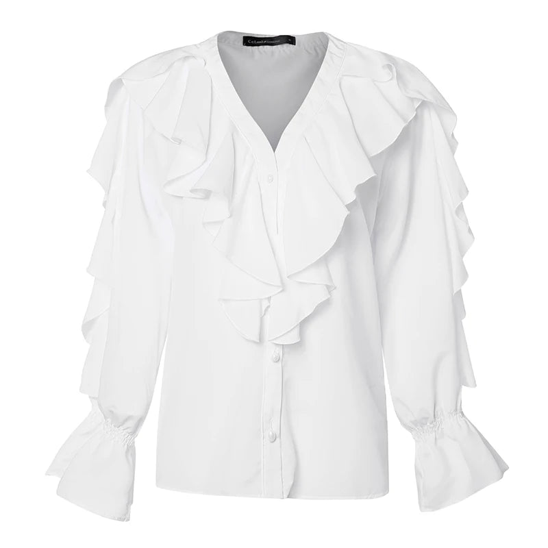 Celmia Casual Women Ruffled Blouses Fashion 2023 Summer Tops Sexy V neck Long Sleeve Shirt Elegant Buttons Sweet Party Blusas