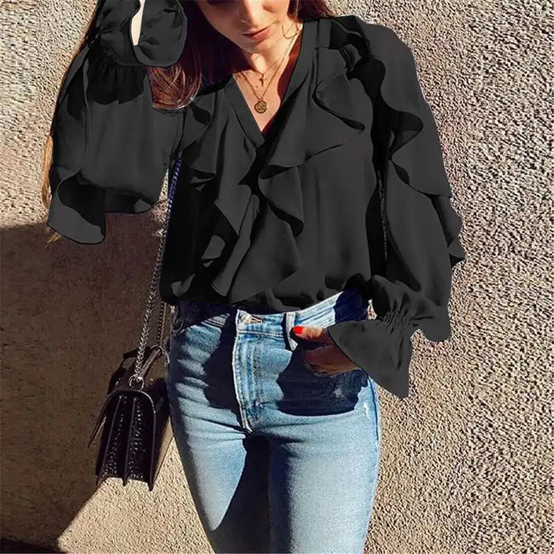 Celmia Casual Women Ruffled Blouses Fashion 2023 Summer Tops Sexy V neck Long Sleeve Shirt Elegant Buttons Sweet Party Blusas