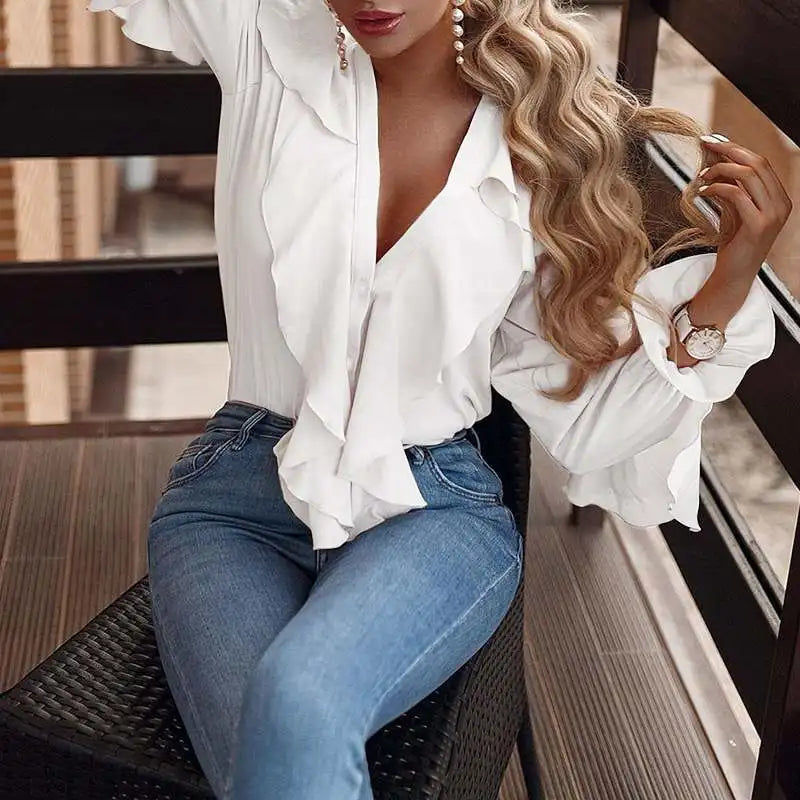 Celmia Casual Women Ruffled Blouses Fashion 2023 Summer Tops Sexy V neck Long Sleeve Shirt Elegant Buttons Sweet Party Blusas