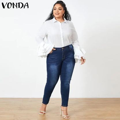 VONDA Elegant Office Blouse 2024 Women Fashion Shirts Tunic Long Flare Sleeve Tops Casual Solid Buttons Party Blusas Femininas