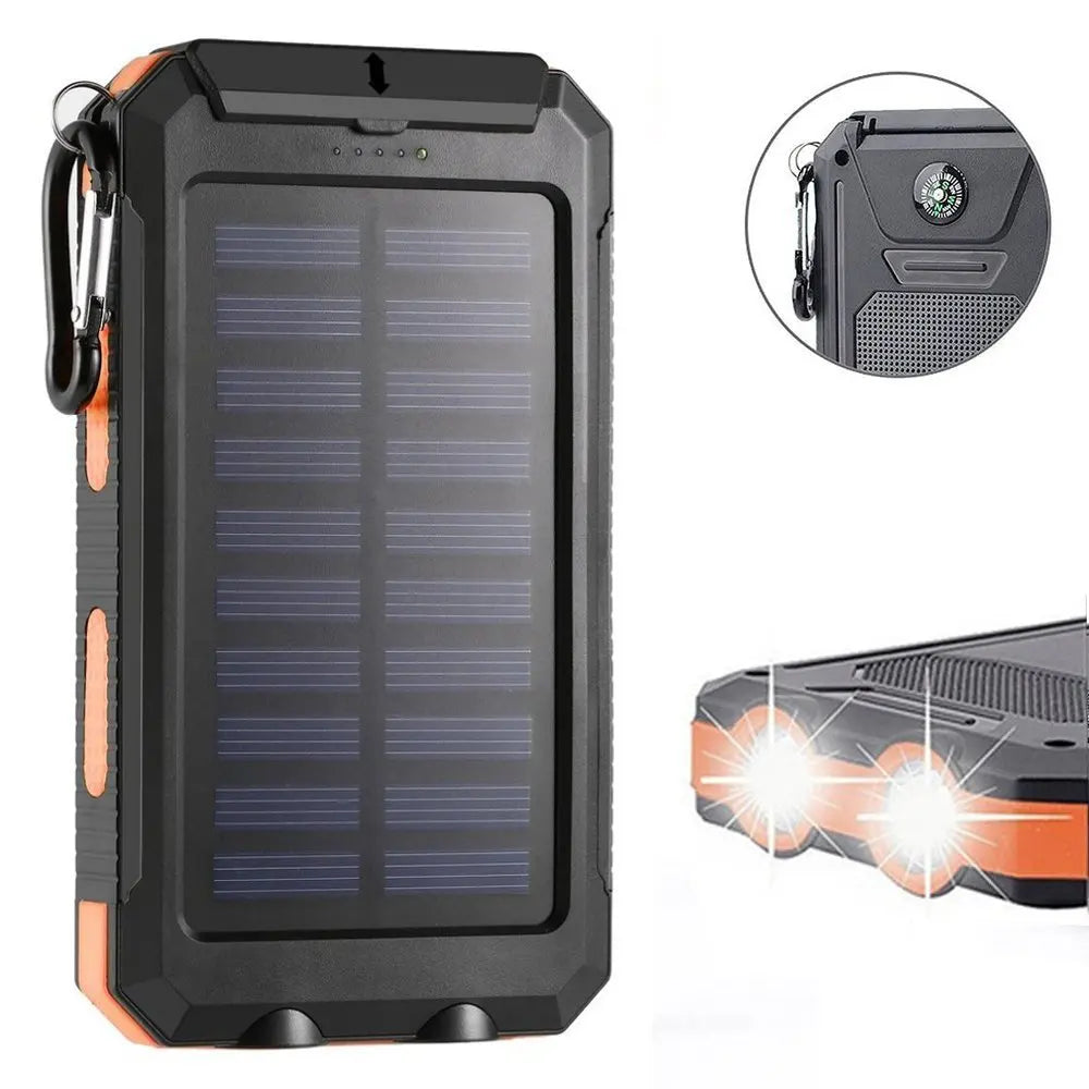 Solar Power Bank 10000mAh Dual USB External Waterproof Polymer Battery Pack with Compass Lighter Outdoor Emergency Charger Cell