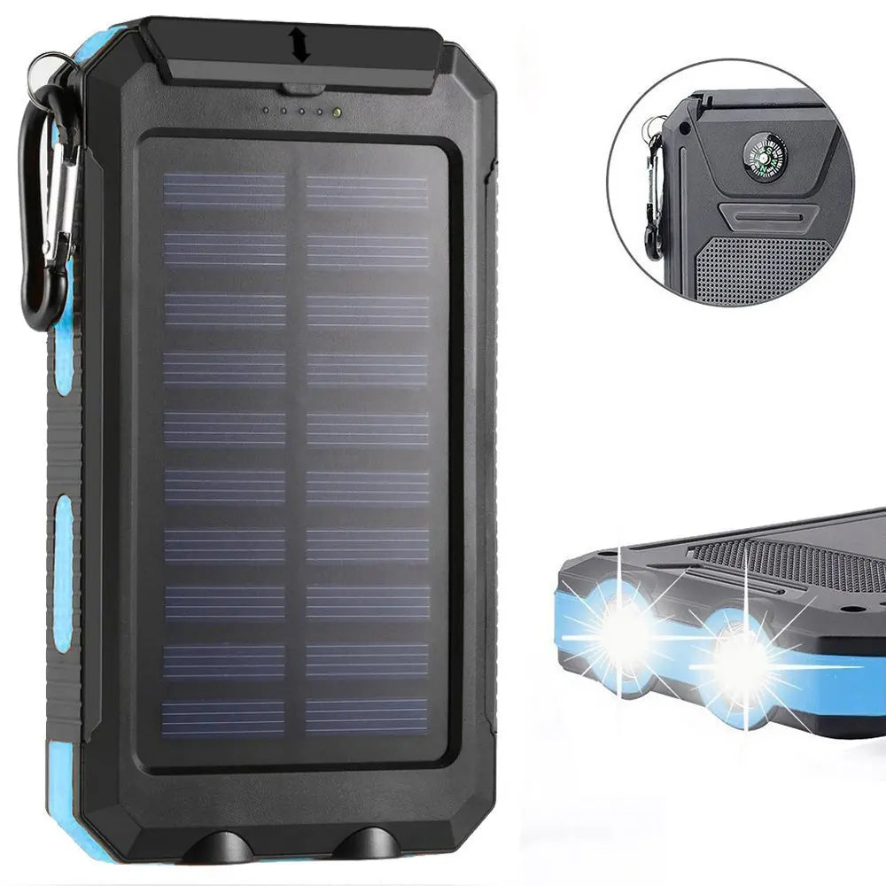 Solar Power Bank 10000mAh Dual USB External Waterproof Polymer Battery Pack with Compass Lighter Outdoor Emergency Charger Cell