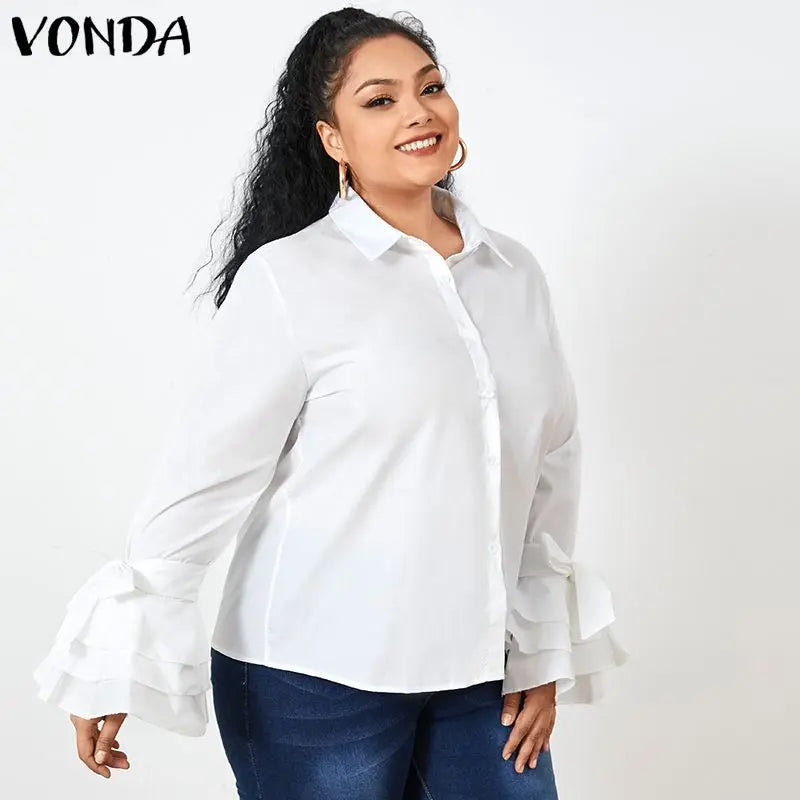 VONDA Elegant Office Blouse 2024 Women Fashion Shirts Tunic Long Flare Sleeve Tops Casual Solid Buttons Party Blusas Femininas