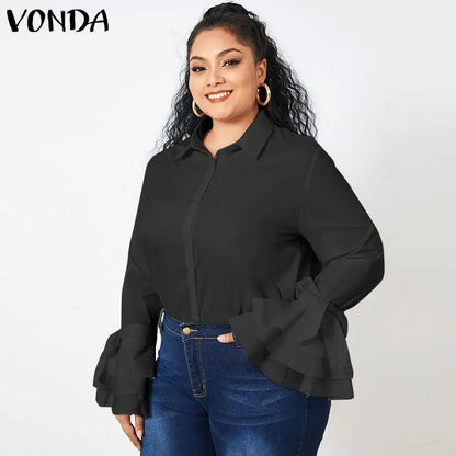 VONDA Elegant Office Blouse 2024 Women Fashion Shirts Tunic Long Flare Sleeve Tops Casual Solid Buttons Party Blusas Femininas