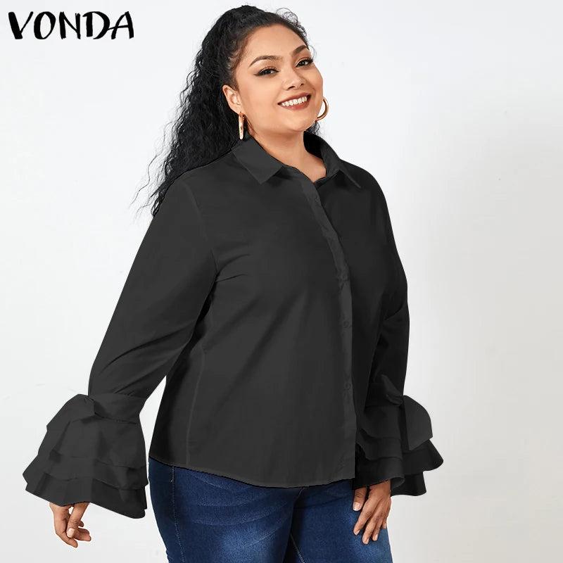 VONDA Elegant Office Blouse 2024 Women Fashion Shirts Tunic Long Flare Sleeve Tops Casual Solid Buttons Party Blusas Femininas