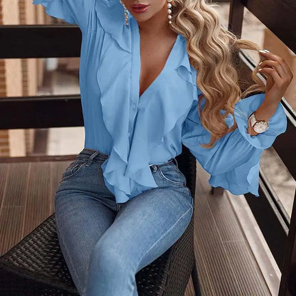 Celmia Casual Women Ruffled Blouses Fashion 2023 Summer Tops Sexy V neck Long Sleeve Shirt Elegant Buttons Sweet Party Blusas