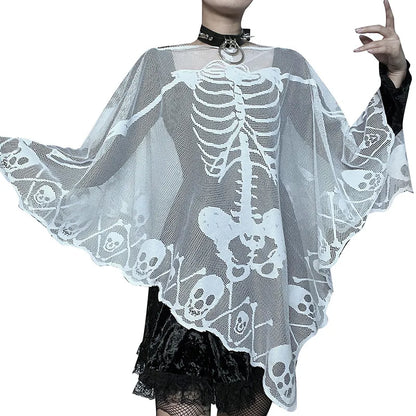 Skeleton Lace Poncho Skull Bones Halloween Cape Costume for Women Goth Shawl Wrap Poncho