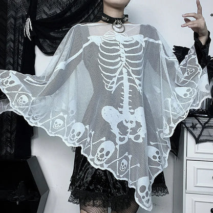 Skeleton Lace Poncho Skull Bones Halloween Cape Costume for Women Goth Shawl Wrap Poncho