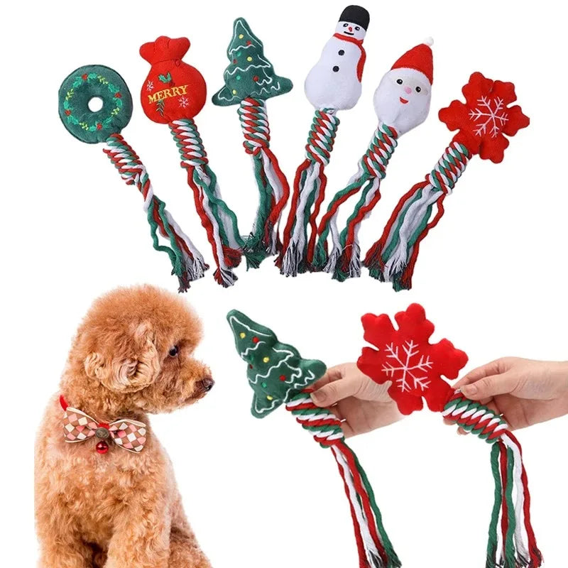 Christmas Dog Squeakey Chew Toys Cotton Ropes Knot Molar Bite Toy Funny Cute Puppies Cat Interactive Toy Xmas Gift Pets Supplies