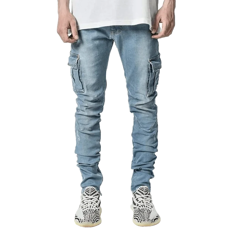 Men Black Cargo Pants Multi Pockets Jeans