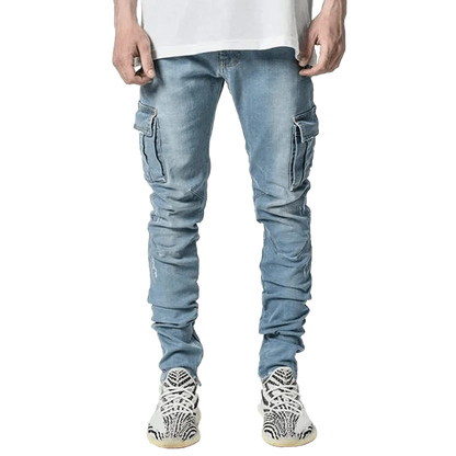 Men Black Cargo Pants Multi Pockets Jeans