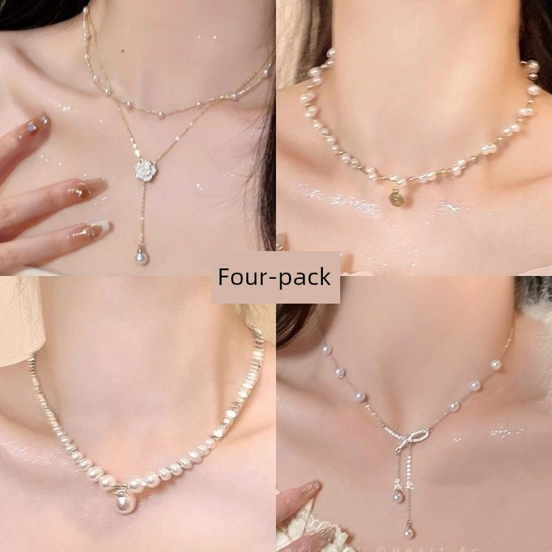 Niche Style Double Layer Women's Camellia Pendant Pearl Necklace