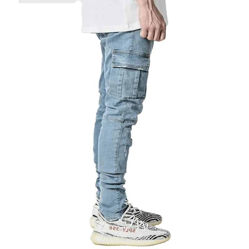 Men Black Cargo Pants Multi Pockets Jeans