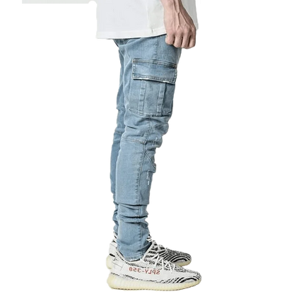 Men Black Cargo Pants Multi Pockets Jeans