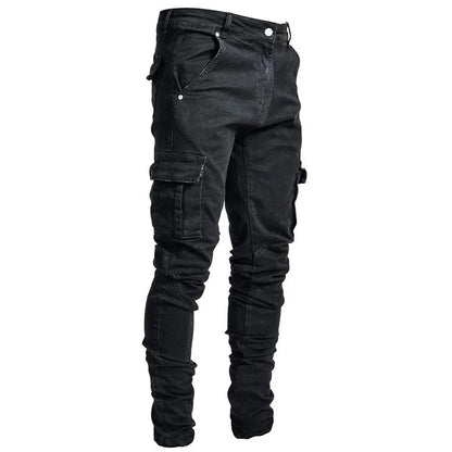 Men Black Cargo Pants Multi Pockets Jeans