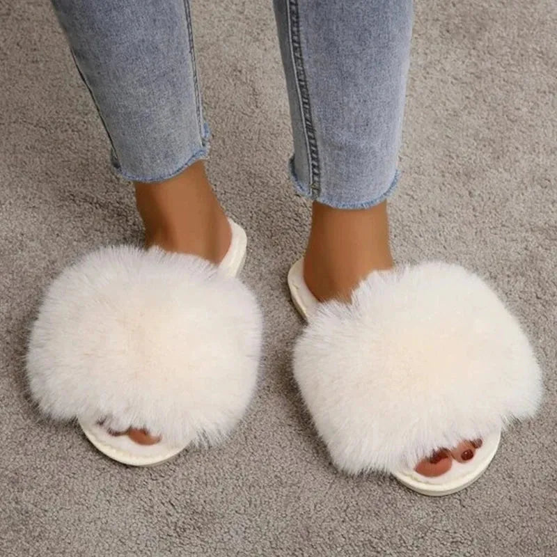 Woman Slippers Winter Simple Word Fur Flats - CEW Store