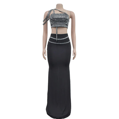 Women's Dress Set Diamonds Rhinestones Strapless Top + Long Skirt Suit Evening Prom Dress Sets Two 2 Piece Set Party Dresses