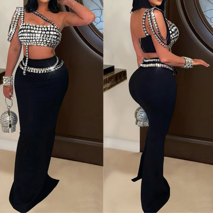 Women's Dress Set Diamonds Rhinestones Strapless Top + Long Skirt Suit Evening Prom Dress Sets Two 2 Piece Set Party Dresses