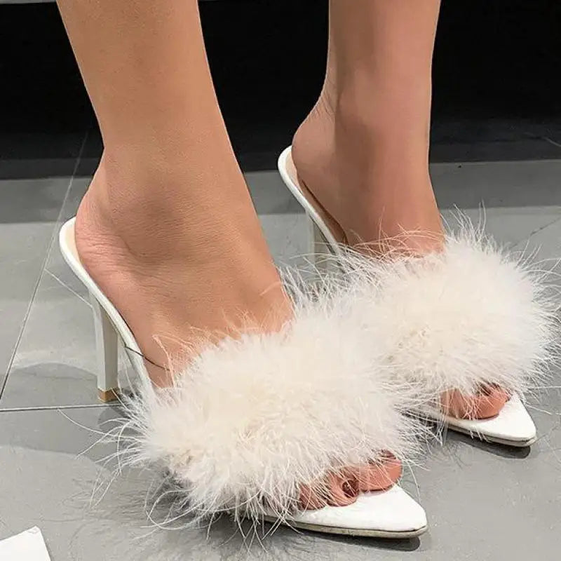 Women Slippers High Heels Fur Stiletto Peep Toe Mules