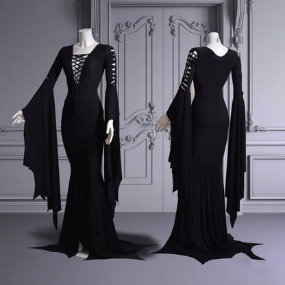 Morticia Adams cosplay costume plus size Morticia family Gothic Maxi Dress Pagan Pixie Vampire Black Lace Up Gown